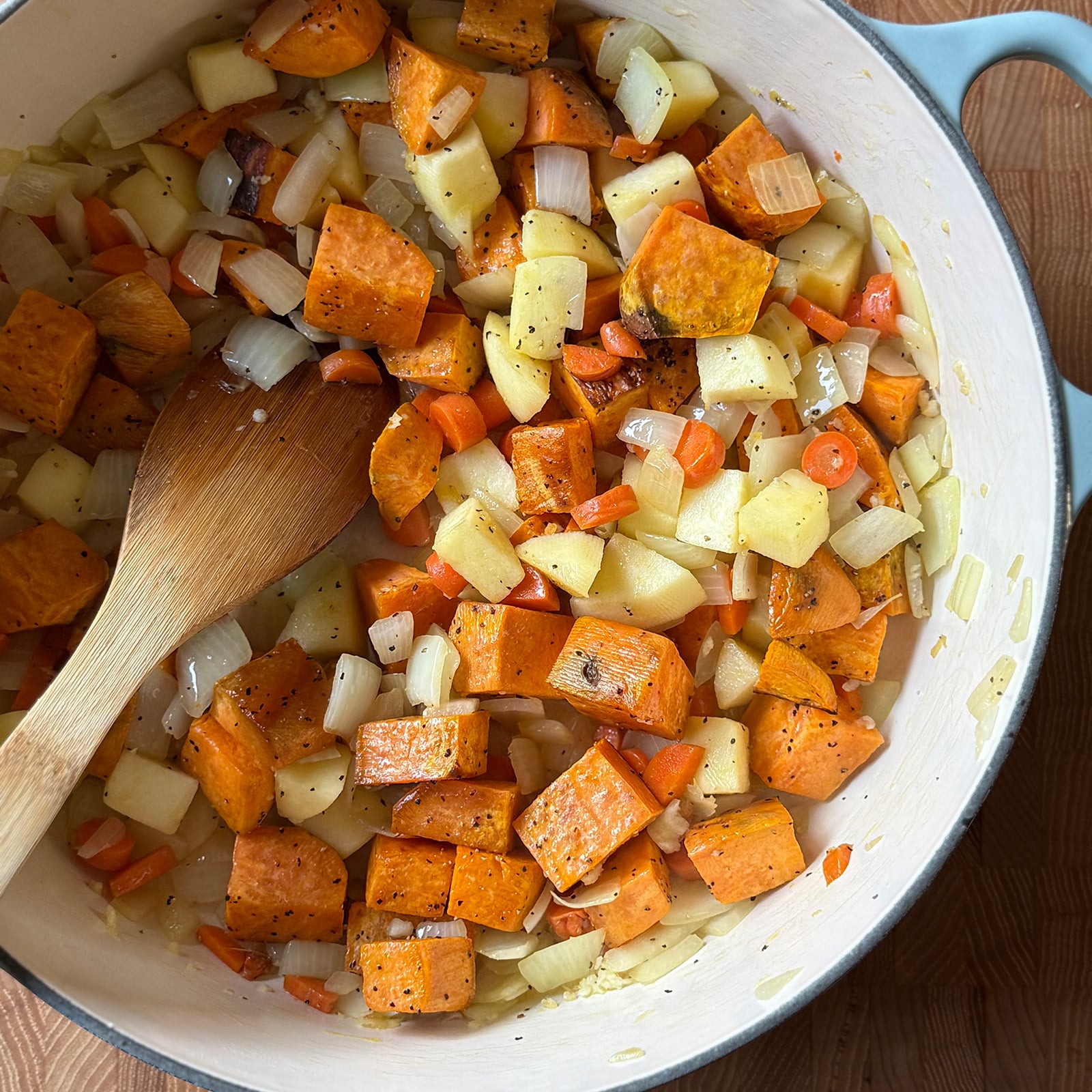 Roasted Vegetables in a Pot of Acorn Squash Soup