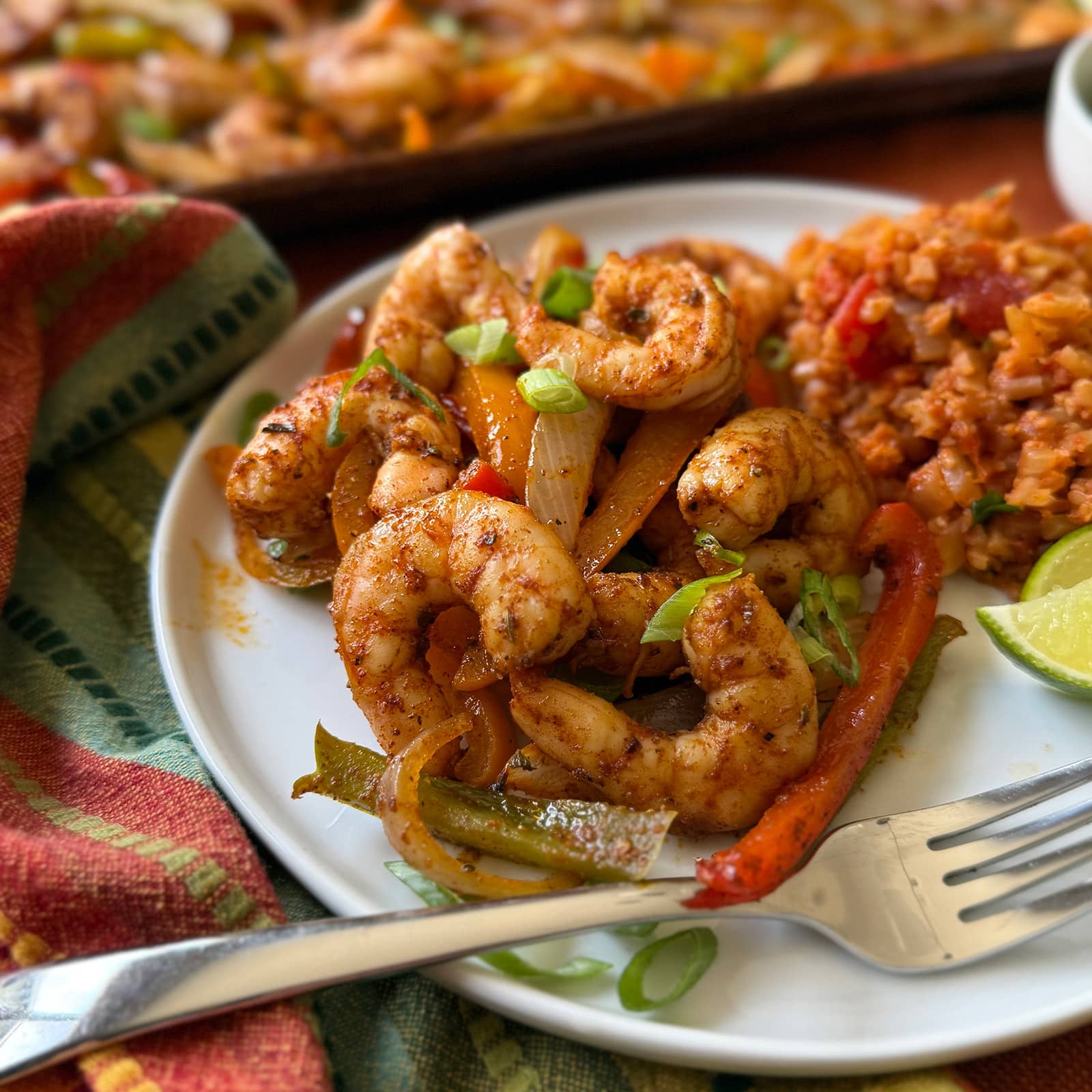 Plated Shrimp Fajitas from Sheet Pan