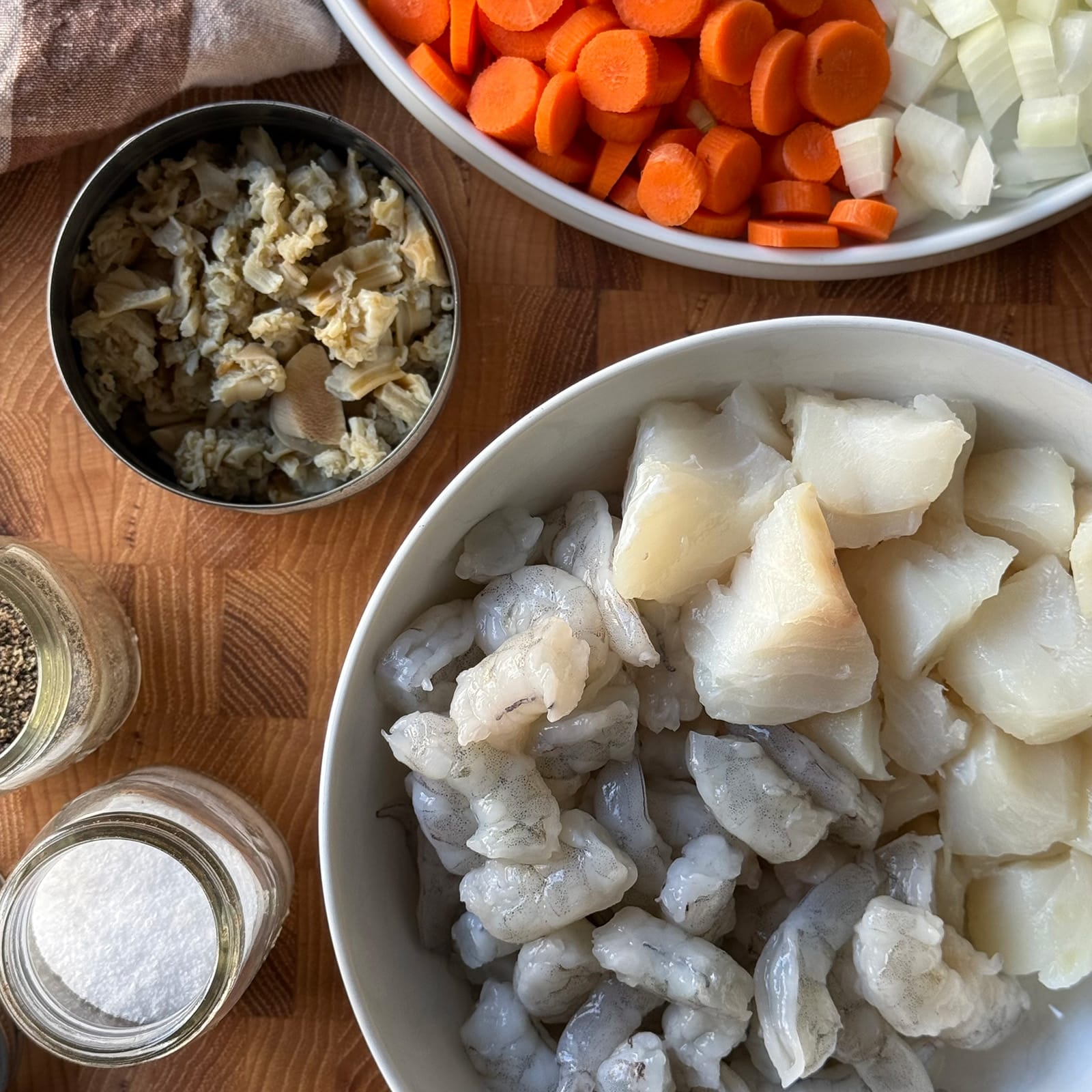 Shrimp Cod and Canned Clams for Seafood Chowder