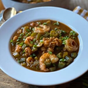 A bowl of 30-Minute Seafood Gumbo with crawfish and shrimp in a white bowl garnished with chopped green onions.