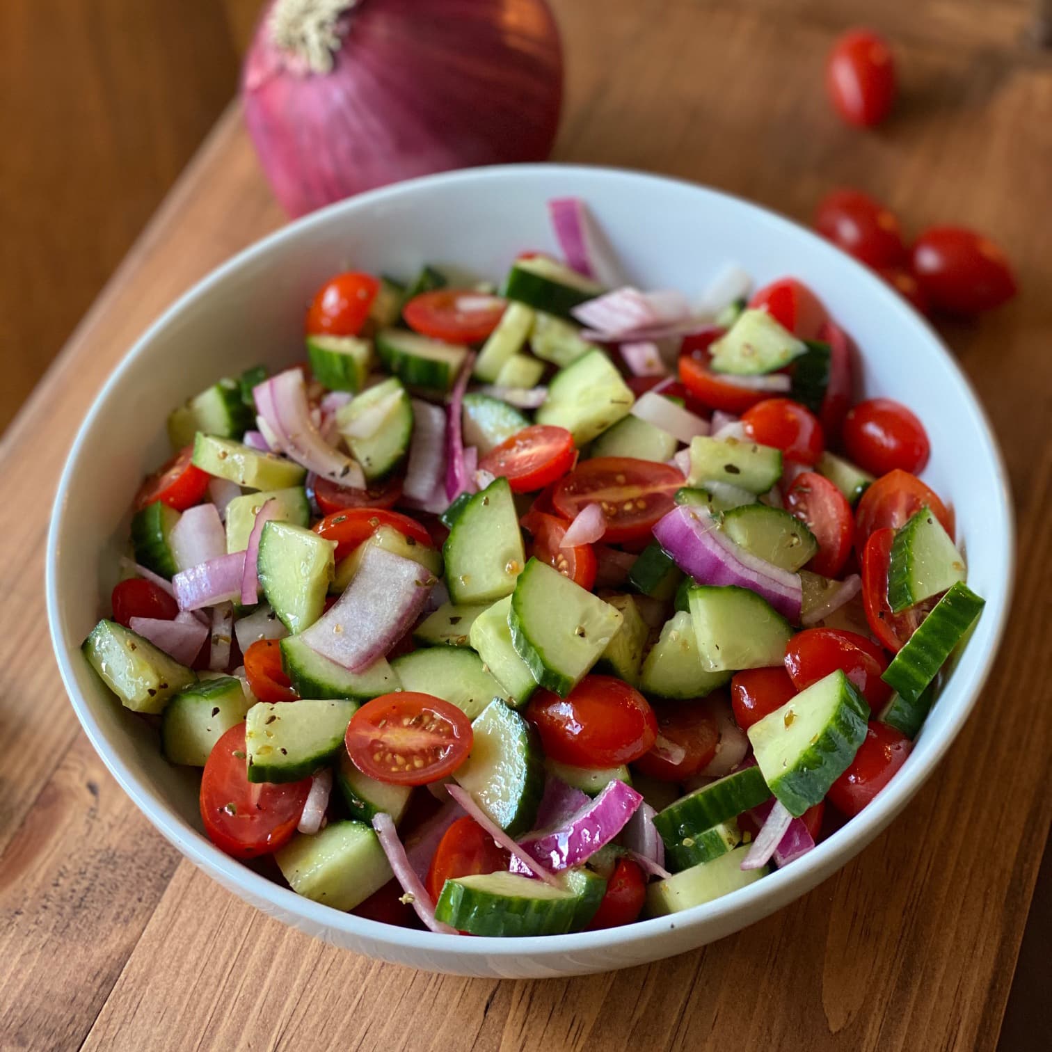 Cucumber, Tomato & Onion Salad - Pesto and Potatoes