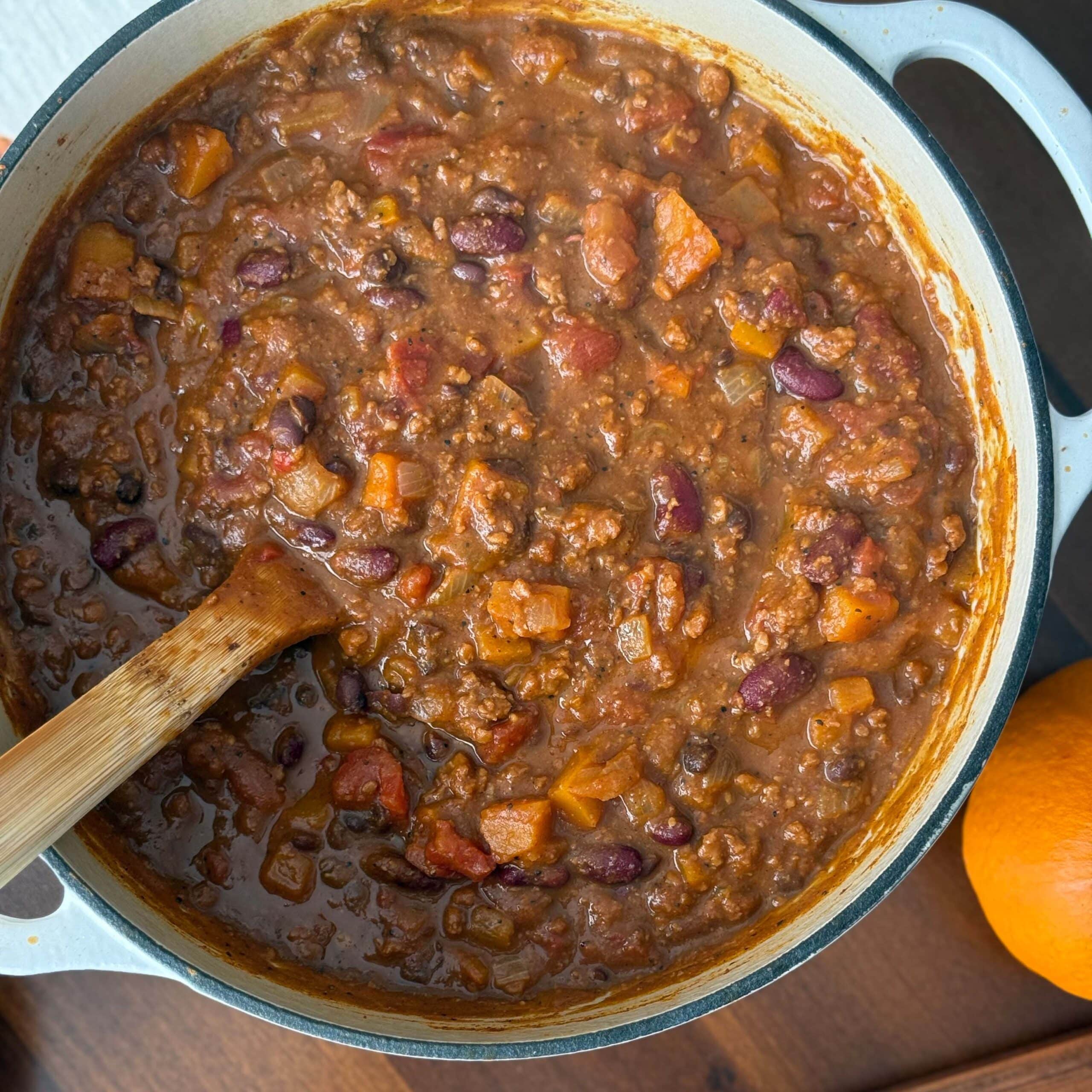 Pot of Vegetarian Pumpkin Chili on Table