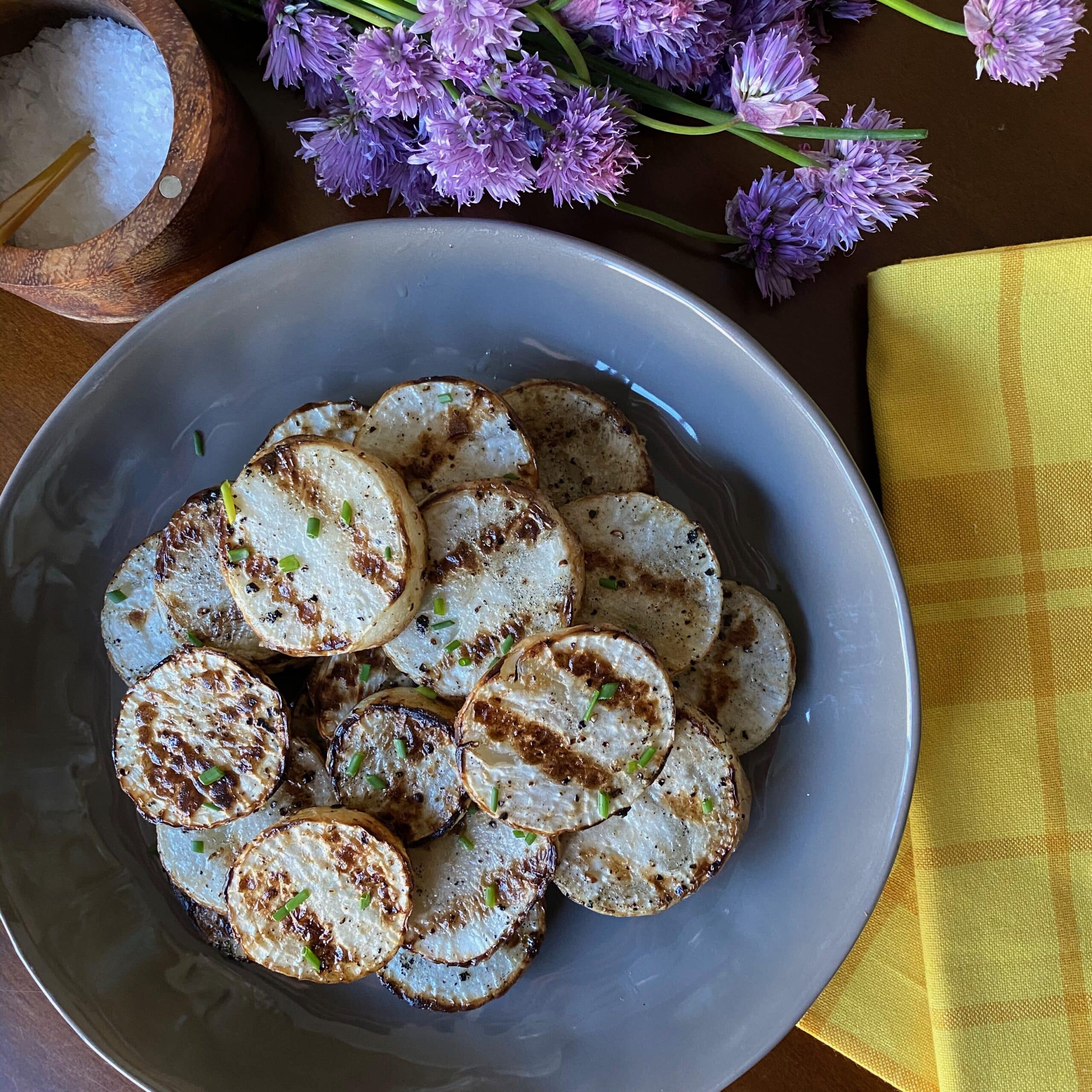 Chive Blossom-Infused Grilled Turnips