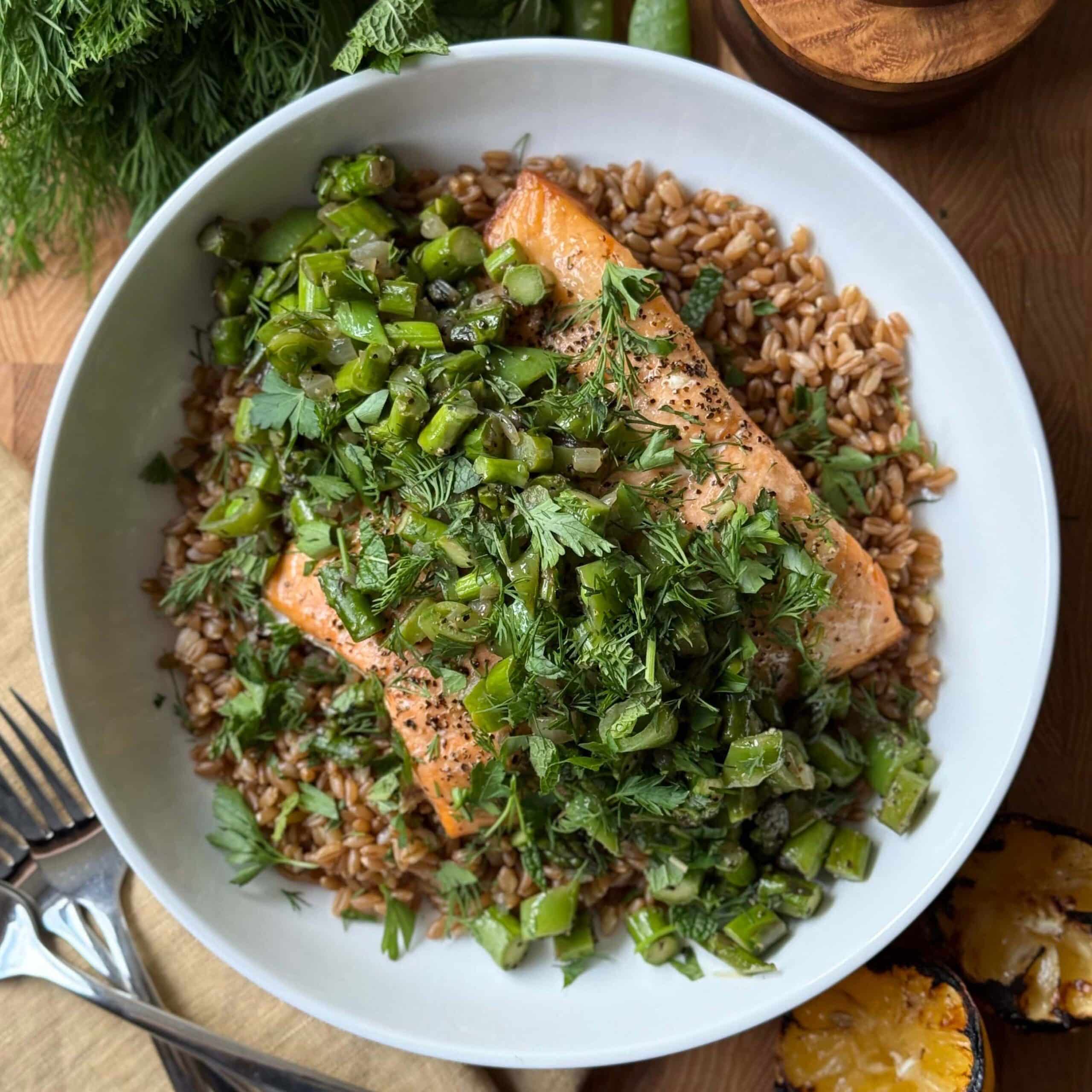 Salmon with Farro and Asparagus Pea Salad