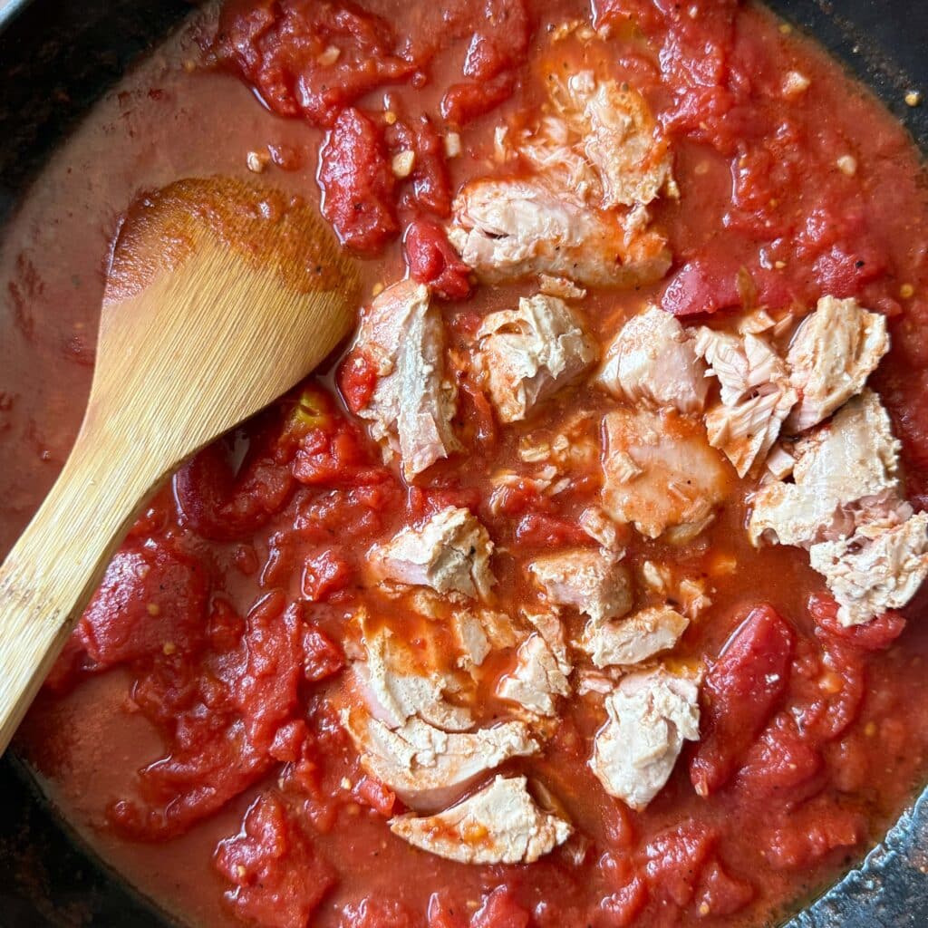 Large Tuna Chunks in Skillet with Tomato Sauce