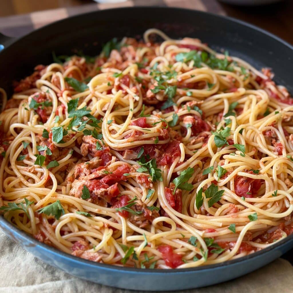 Tuna & Tomato Pasta Garnished in Skillet Square