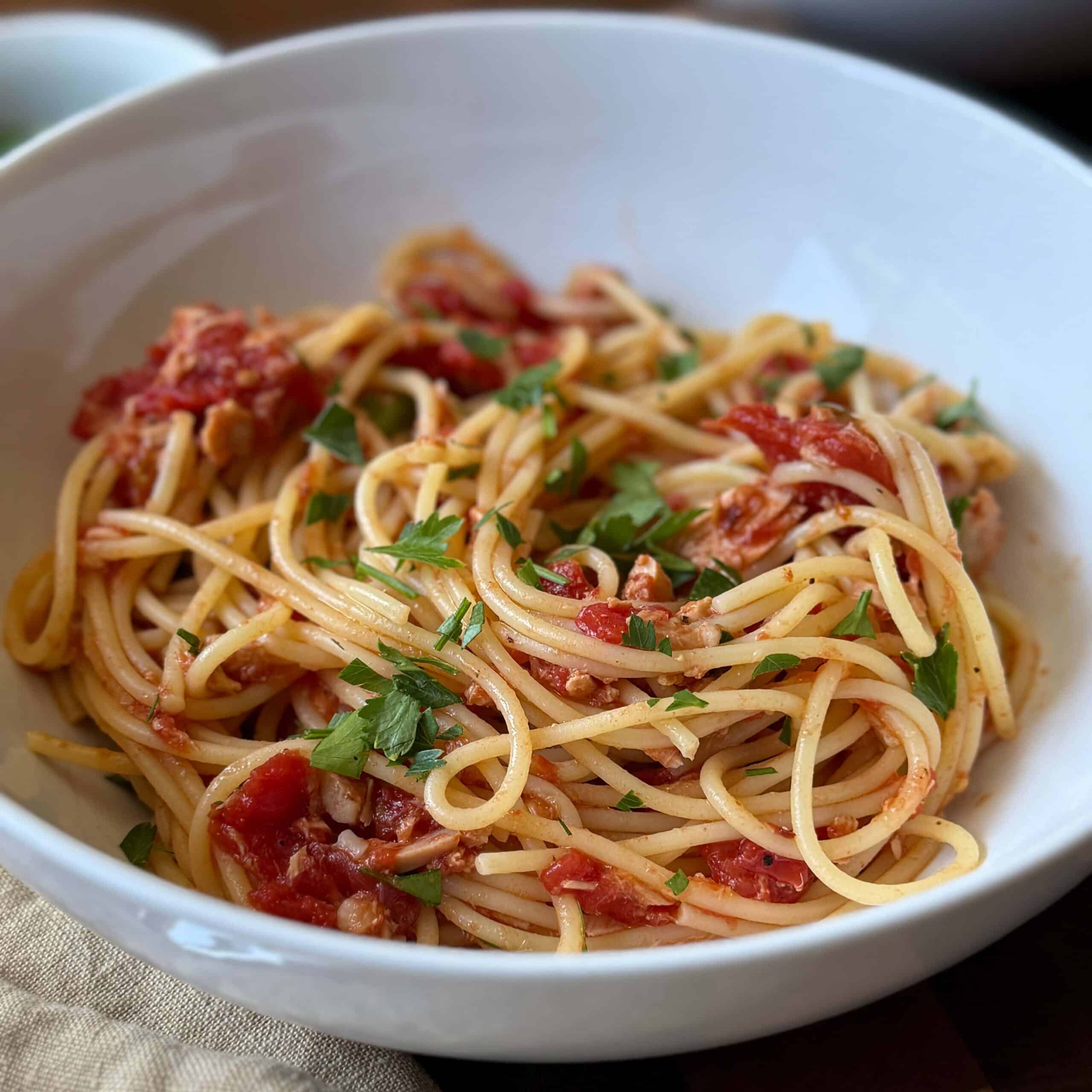 Tuna & Tomato Pasta in White Bowl