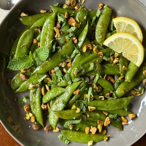 Roasted Sugar Snap Peas with Mint & Pistachios