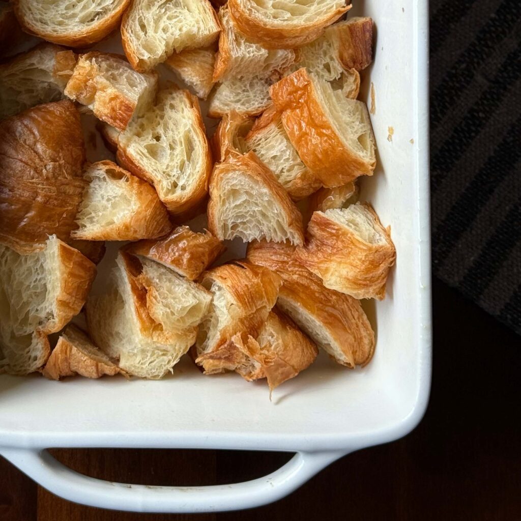 Croissant Pieces in Casserole Dish
