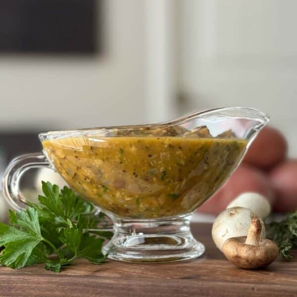 Mushroom Gravy in a clear gravy boat