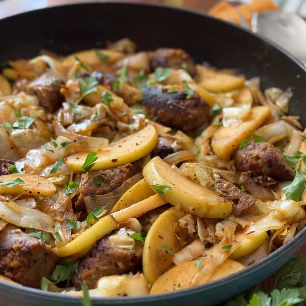 Vegetarian Sausage and Cabbage Skillet with Apples