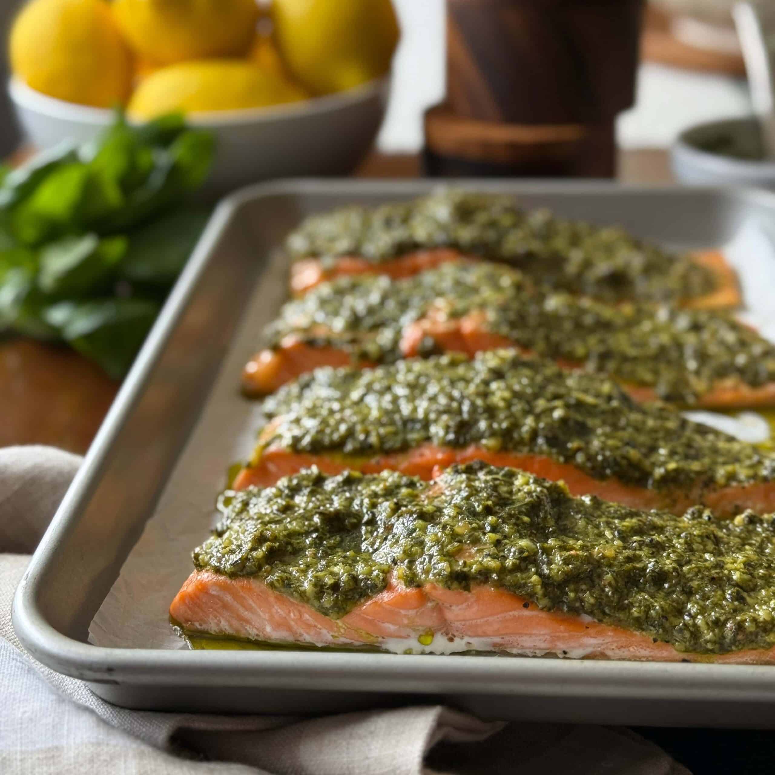 Cooked Salmon with Pesto Sauce