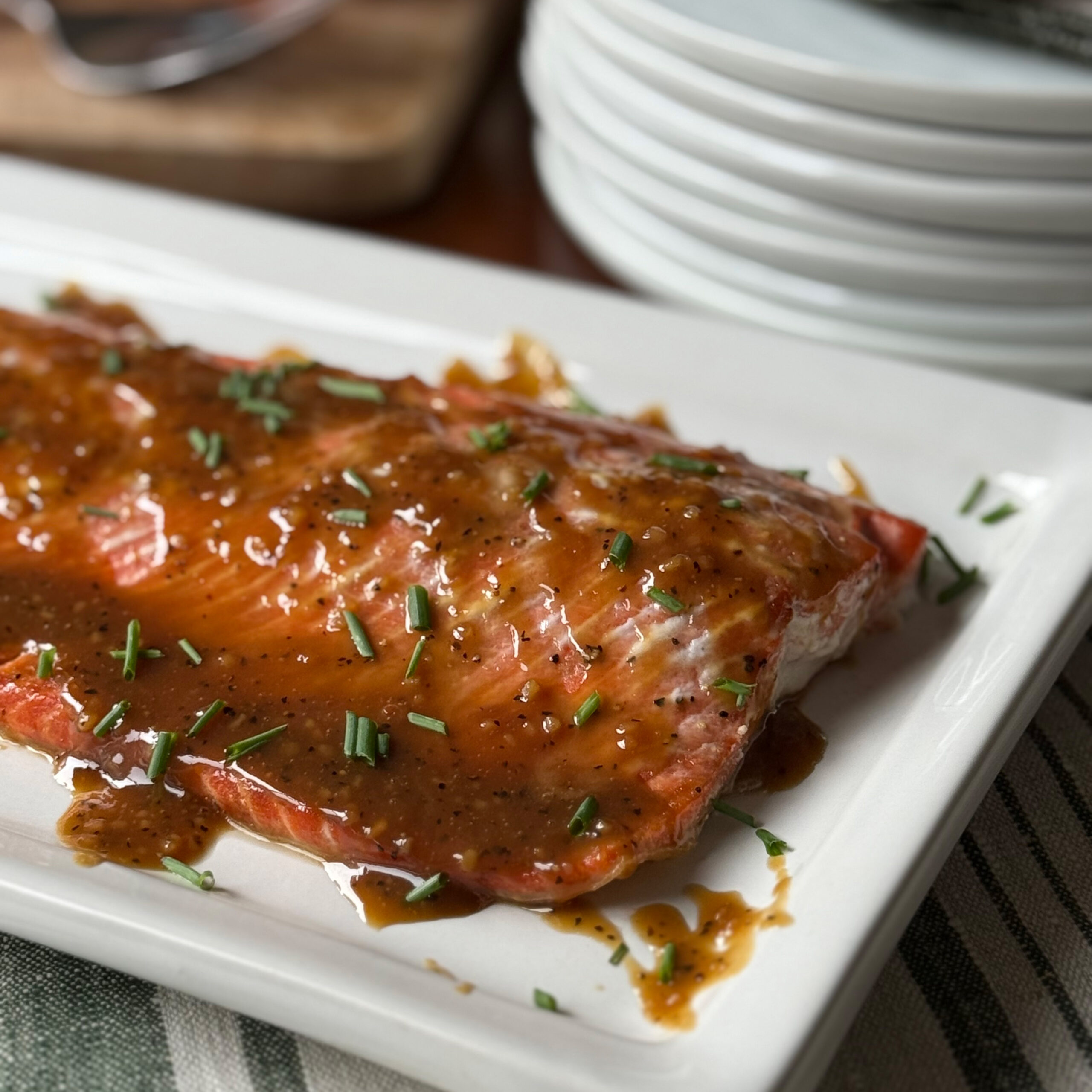 maple glazed salmon on a platter