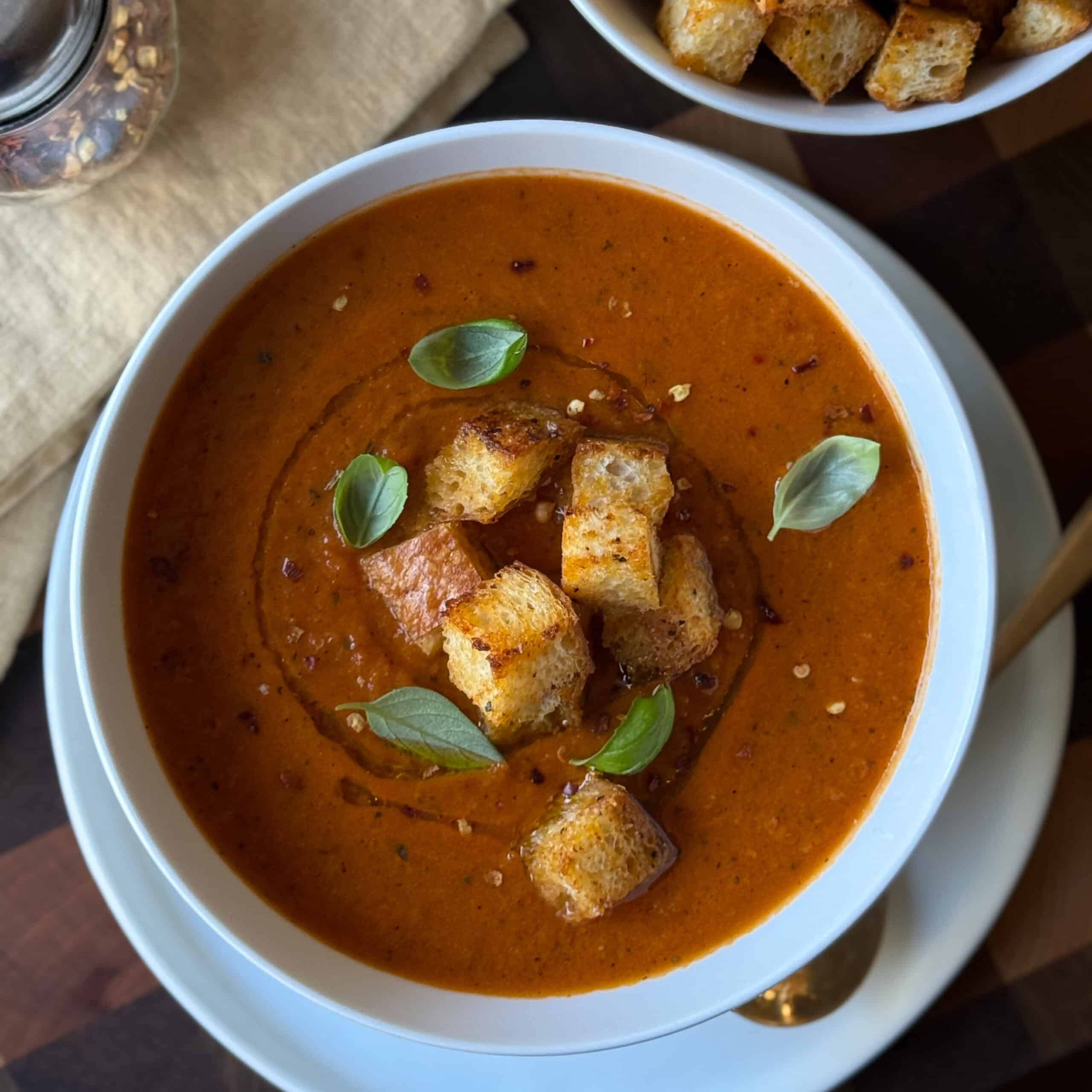 Creamy Roasted Tomato Soup with Dijon Croutons