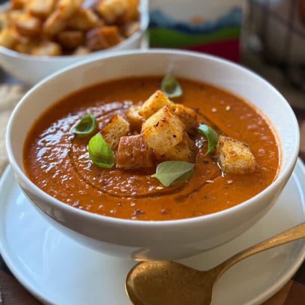 Creamy Tomato Soup with Dijon Croutons