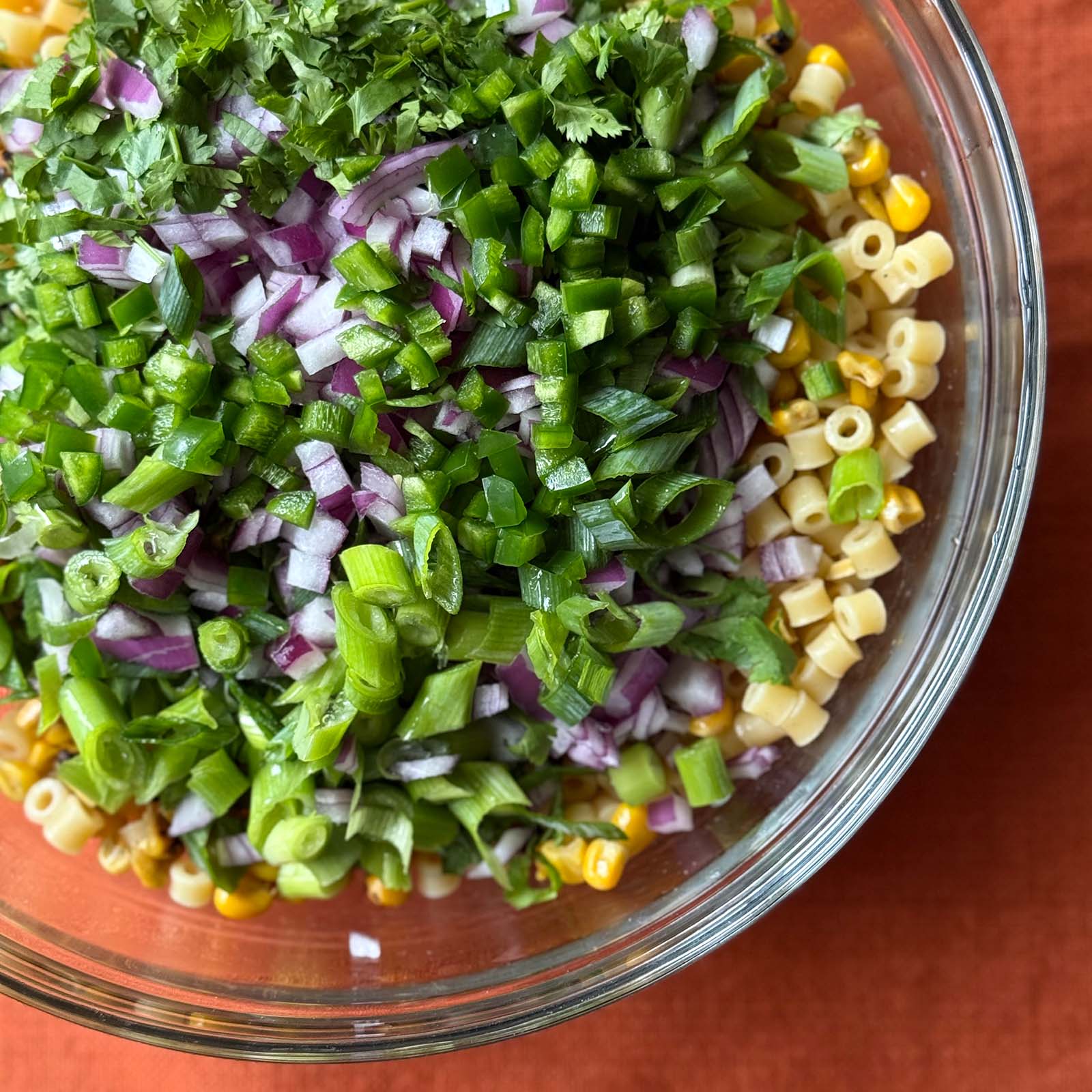 Peppers and Onions in Elote Pasta Salad