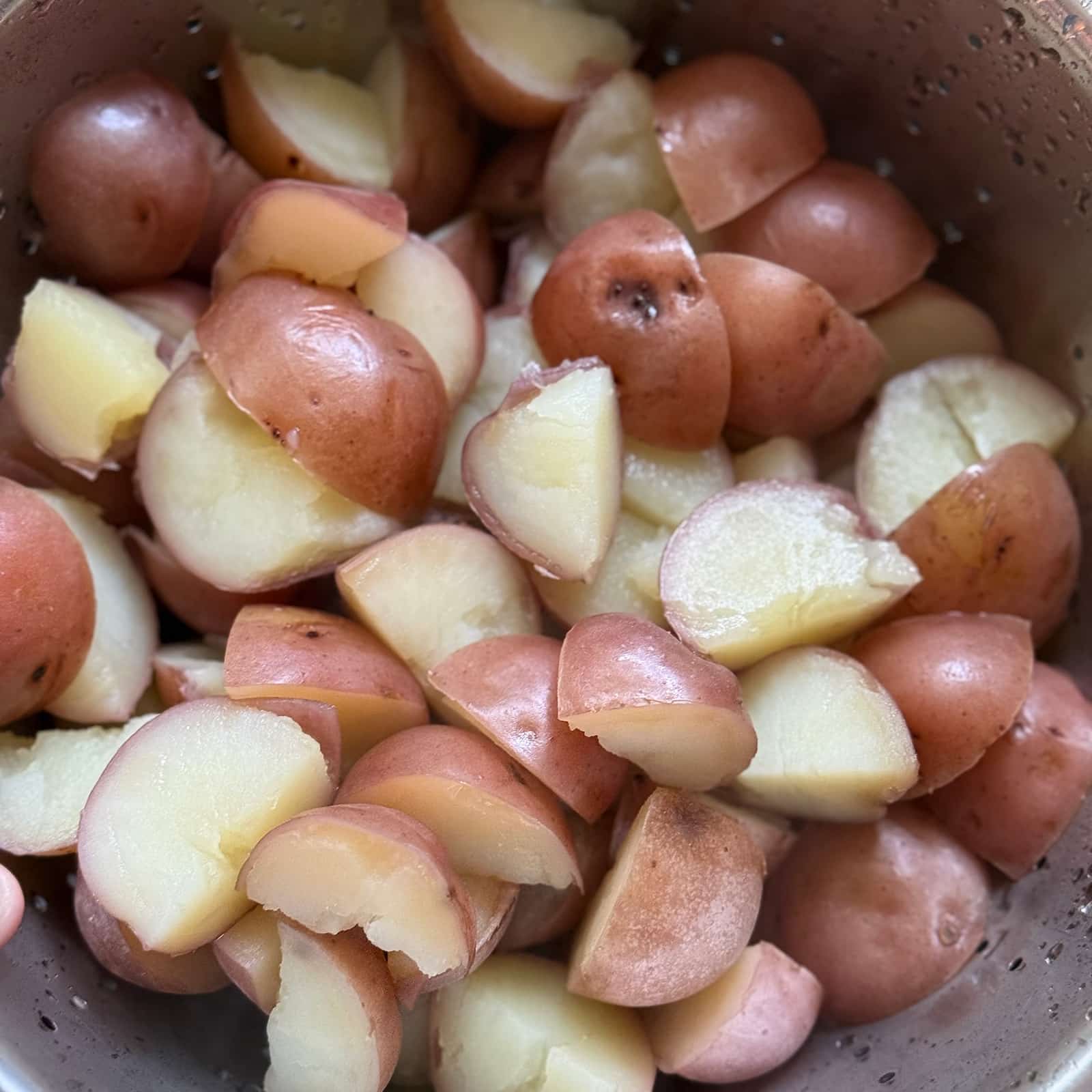 Boiled red potatoes with skins on, quartered and draining in a colander after cooking.