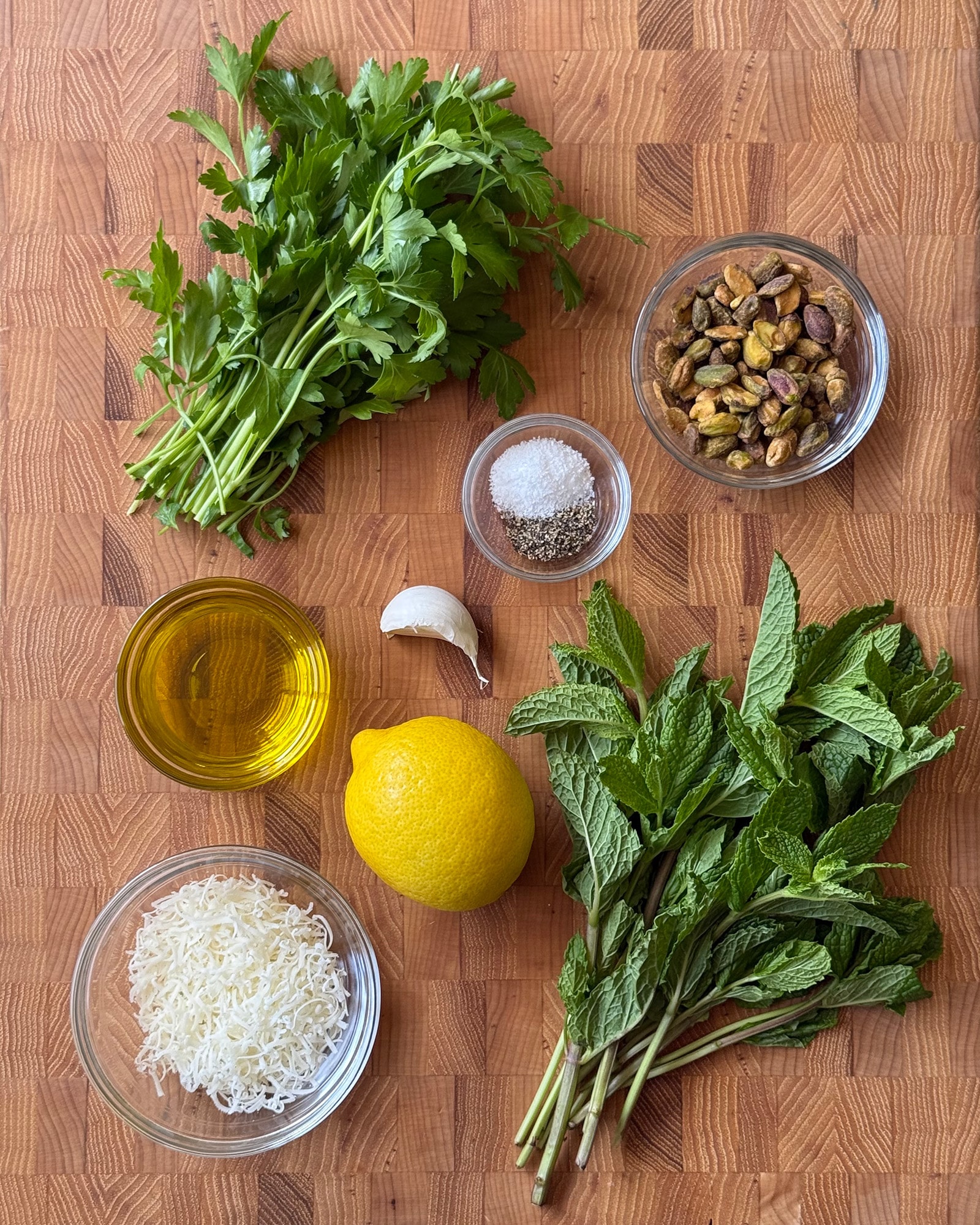 Ingredients for Mint Pesto Recipe on a Wooden Board