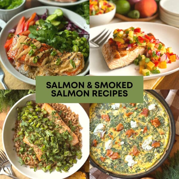 Four salmon dishes are shown: glazed salmon bowl, salmon with mango salsa, baked salmon over grains with herbs, and a dill frittata with smoked salmon. Text in the center reads, Salmon & Smoked Salmon Recipes&mdash;perfect inspiration for anyone looking to explore delicious new ways to enjoy Salmon and Smoked Salmon Recipes.