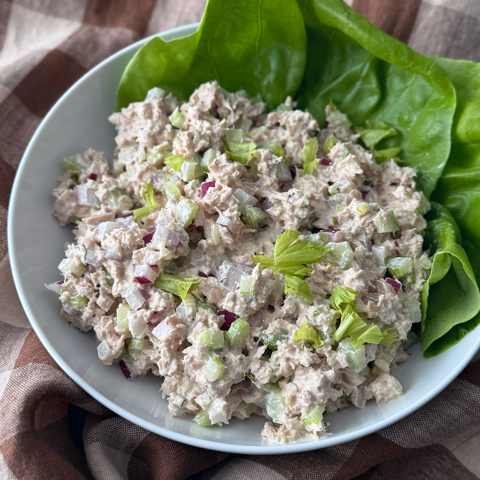 A white bowl with a creamy tuna salad made of tuna, chopped celery, red onion, and mayonnaise, garnished with green lettuce leaves and celery, on a brown checkered cloth.