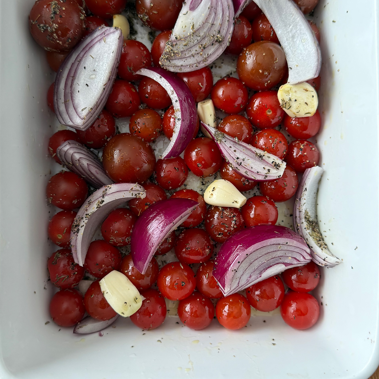 Cherry Tomato Onion and Garlic in Baking Dish