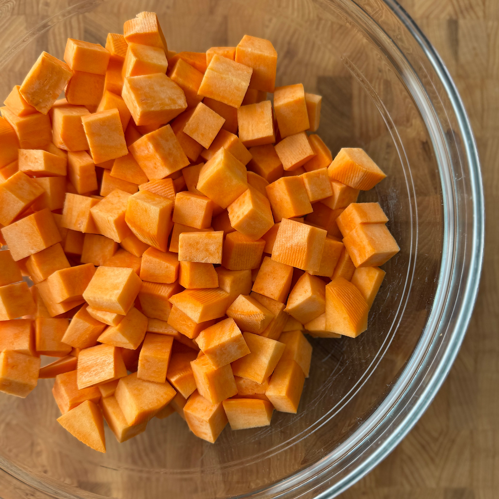 Diced Sweet Potato in a Glass Bowl