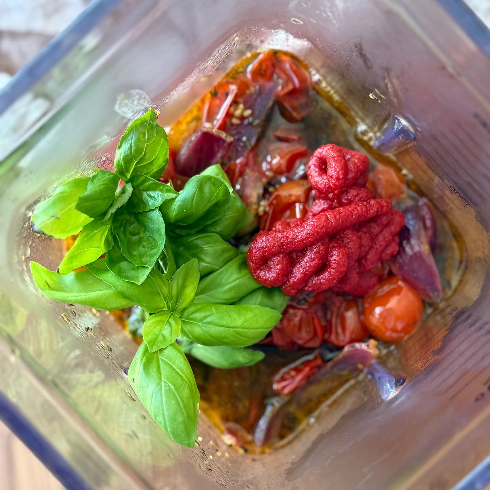 Roasted Ingredients with Basil and Tomato Paste in a Blender